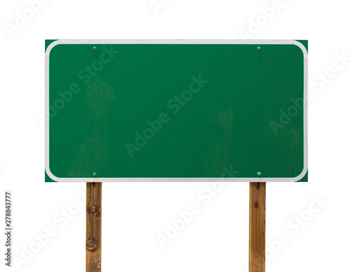 Blank Green Road Sign with Wooden Posts Isolated on a White Background