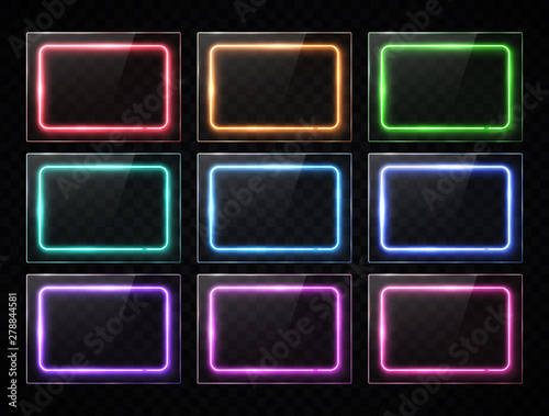 Colorful neon rectangle banners collection. Glowing square buttons set on transparent background. Shining electric led halogen lamp frame. Bright futuristic vector illustration for infographic design
