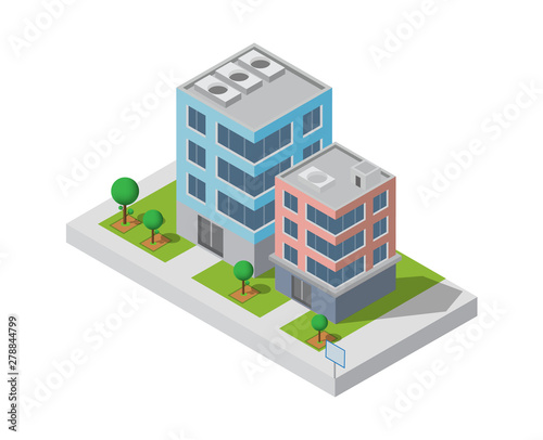 Isometric Building vector. Two building on Yard with road and trees.building 3d , smart city,Vector office and town apartment concept.