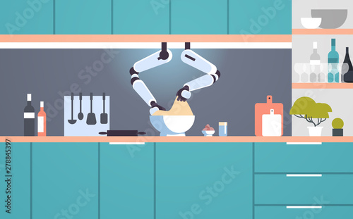 smart handy chef robot making dough in bowl robotic assistant innovation technology artificial intelligence concept modern kitchen interior flat horizontal