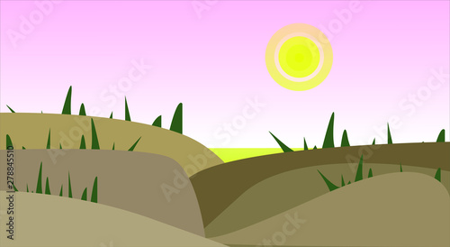 Desert at sunset. Desert hills with plants and cacti at sunset. Vector graphics.