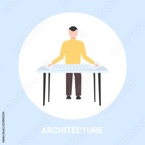 man architect working with blueprint engineer drafting new building model urban panning project concept housing contractor designing house plan full length