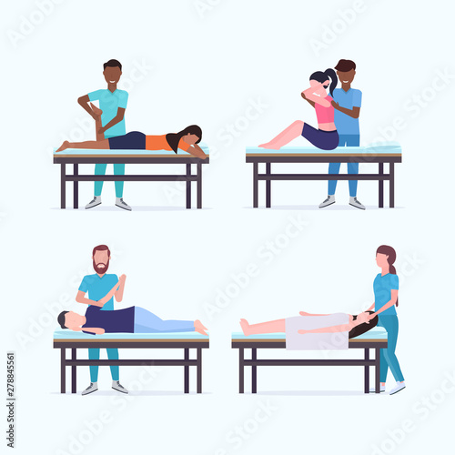 set masseurs therapists doing healing treatment of mix race patients on massage table specialists massaging injured body parts collection manual sport physical therapy concept full length photo