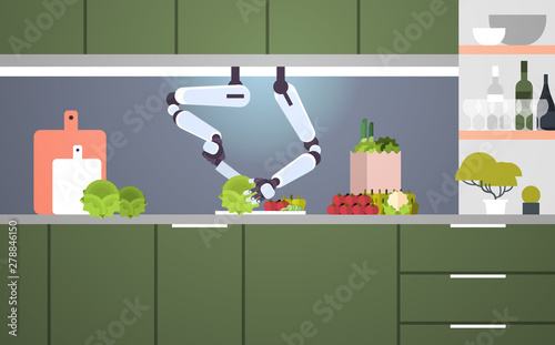 smart handy chef robot preparing vegetable salad robotic assistant innovation technology artificial intelligence concept modern kitchen interior flat horizontal