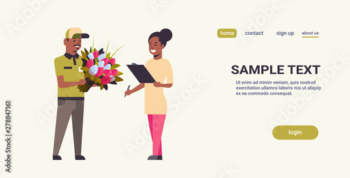 courier man giving bouquet of flowers to woman recipient express delivery service concept girl receiving parcel from african american deliveryman horizontal full length copy space