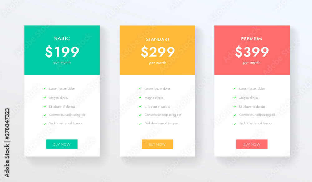 Price list vector tempate for web or app. Ui ux design tables with tariffs, subscription and business plans.