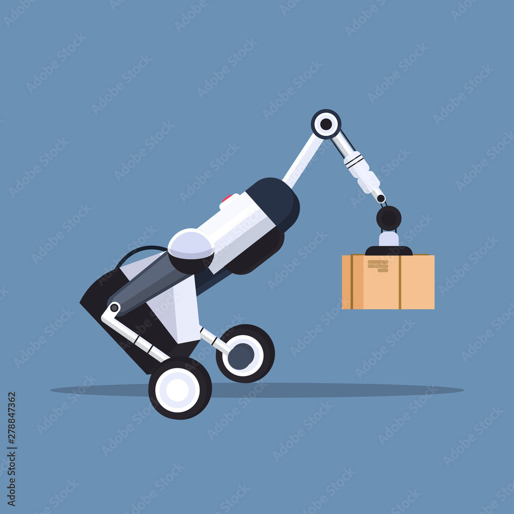 robotic worker loading cardboard boxes hi-tech smart factory robot artificial intelligence logistics automation technology concept flat robotic worker loading cardboard boxes hi-tech smart factory robot artificial intelligence logistics automation technology concept flat