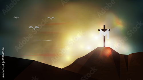 Christian religious design for Easter celebration. Resurrection of Jesus Christ. The dawn of the new morning and the cross is empty. Vector 