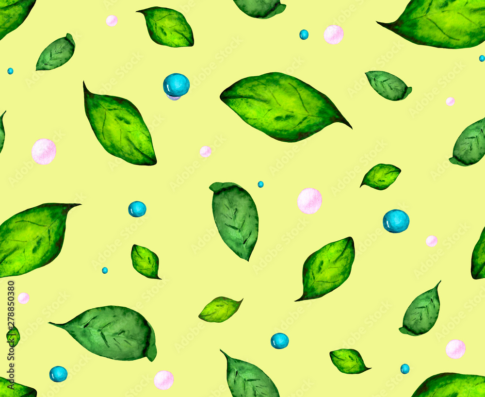 Seamless background with juicy green leaves and shiny water drops. Watercolor background for textiles, Wallpapers, packaging or design illustrations about the magical beauty of nature. Seamless background with juicy green leaves and shiny water drops. Watercolor background for textiles, Wallpapers, packaging or design illustrations about the magical beauty of nature.