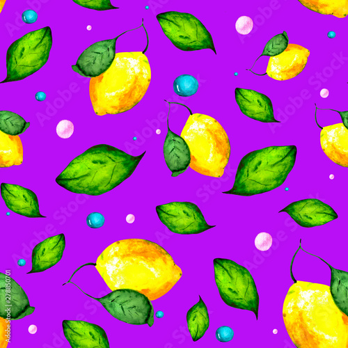 Fototapeta Naklejka Na Ścianę i Meble -  Seamless pattern with juicy lemons, green leaves and pearl pearls. Bright illustration for textiles, packaging, Wallpapers and original backgrounds on nature theme.