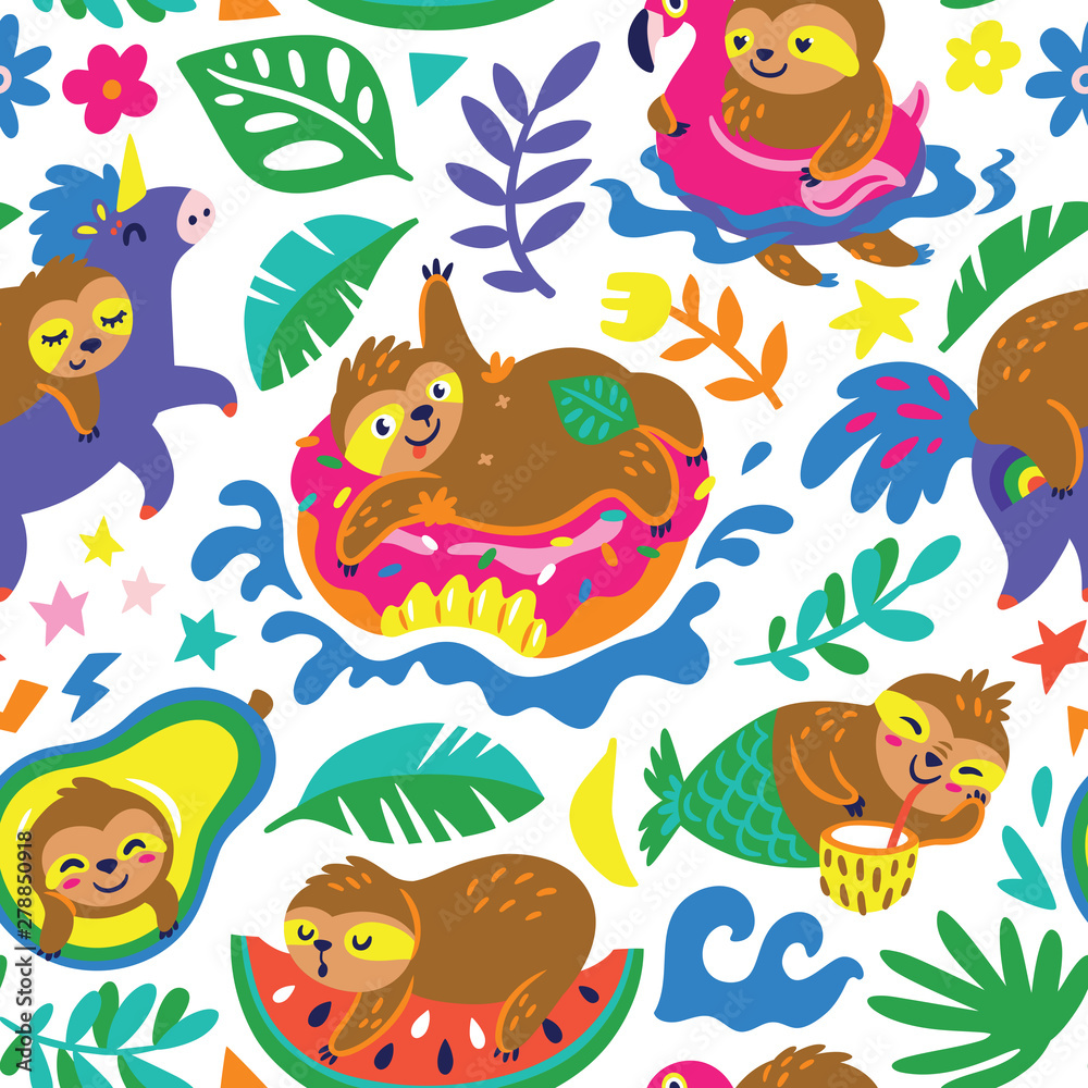 Seamless pattern with cartoon sloths enjoy summer day in the water. Vector illustration Seamless pattern with cartoon sloths enjoy summer day in the water. Vector illustration