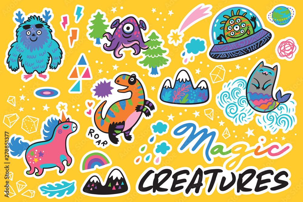 Magical animals stickers, pins in cartoon comics style. Vector illustration Magical animals stickers, pins in cartoon comics style. Vector illustration