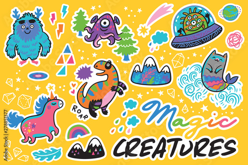 Magical animals stickers, pins in cartoon comics style. Vector illustration