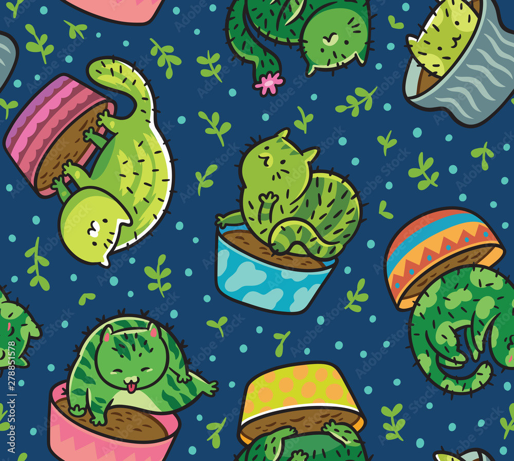 Cute seamless pattern with kawaii cats cactuses in a flowerpot. Vector illustration Cute seamless pattern with kawaii cats cactuses in a flowerpot. Vector illustration