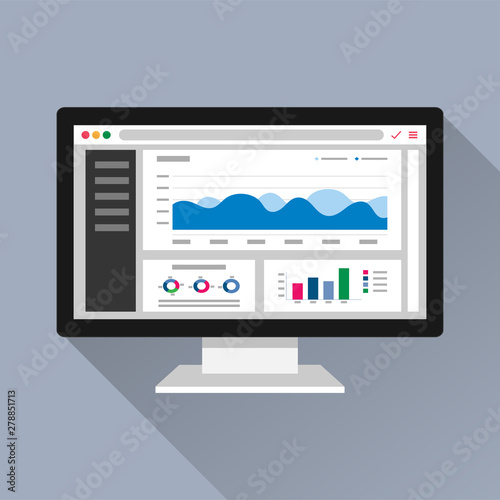 Web analytic information on Computer screen flat icon. trend graphs report concept. statistic charts for planning and accounting, analysis, audit, management, marketing, research vector illustration.
