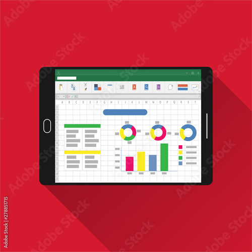 Spreadsheet on tablet screen flat icon. Financial accounting report concept. office things for planning and accounting, analysis, audit, project management, marketing, research vector illustration.