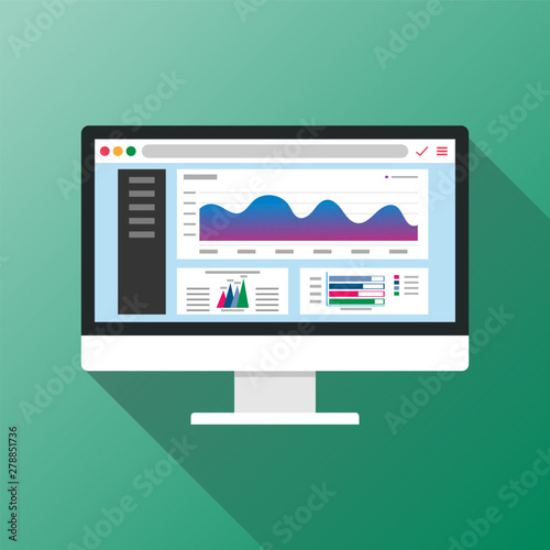 Web analytic information on Computer screen flat icon. trend graphs report concept. statistic charts for planning and accounting, analysis, audit, management, marketing, research vector illustration.