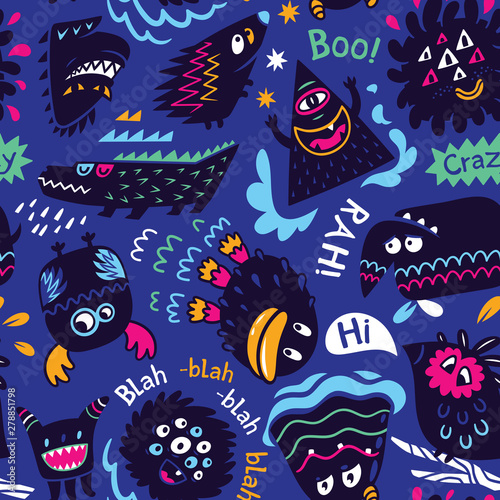 Cute cartoon monster characters background. Vector illustration