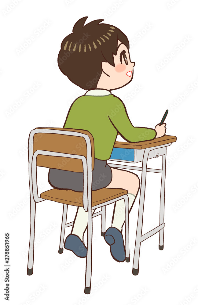教室 机 椅子　前を見る子供　笑顔