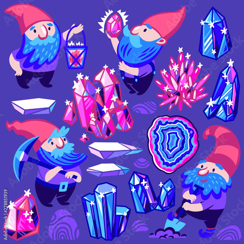 Fairytale set with gnomes, gems and crystals in vector.