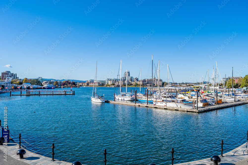 Boats and yachts moored in the Inner Harbour downtown with buildings in the background. A view of the city of Victoria's popular tourism and business district.