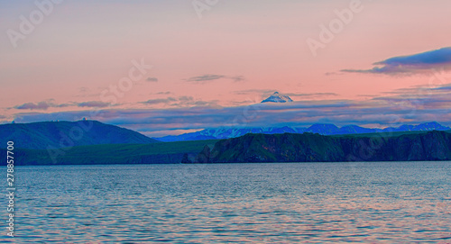 The Viluchinsky volcano and Avacha Bay at sunset on the Kamchatka Peninsula