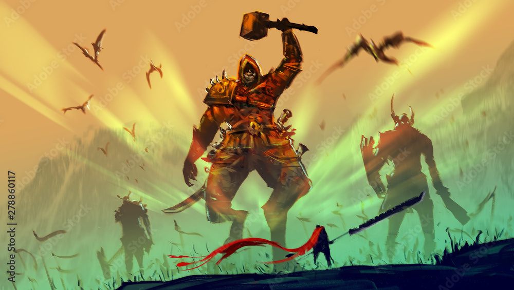 Fototapeta Cyfrowy styl projektowania ilustracji rycerza i wielkiego miecza przeciwko armiom demonów.