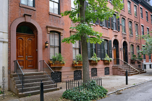 Konstfotografi stone front step of elegant old 19th century urban brownstone type townhouse wit