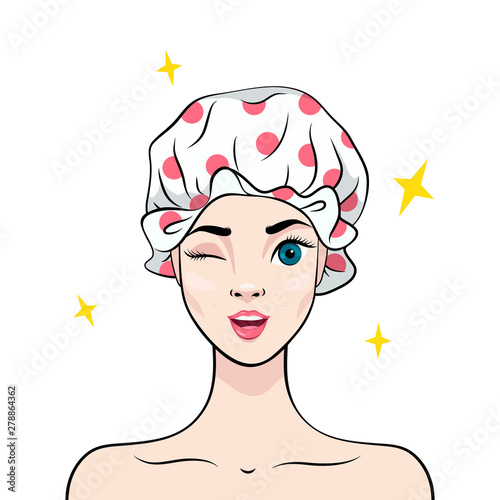 Girl in shower cap winks. Isolated image on White background. Vector illustration