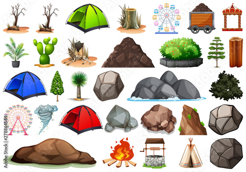 Collection of outdoor nature themed objects and plant elements