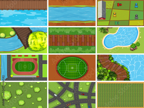 Set of top view aerial scenes in nature and outdoors