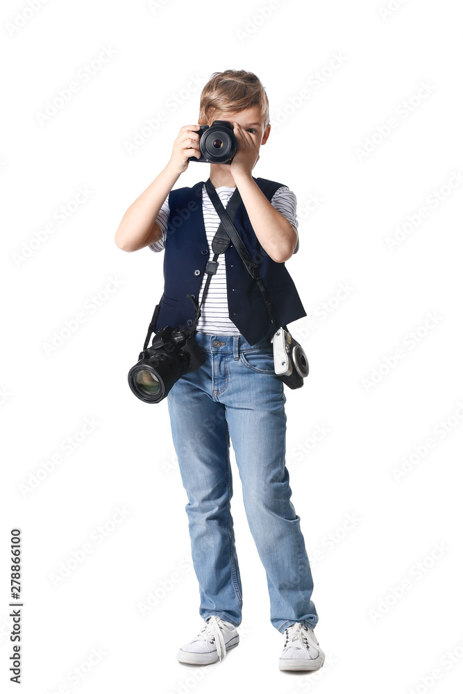 Cute little photographer with professional cameras on white background Cute little photographer with professional cameras on white background