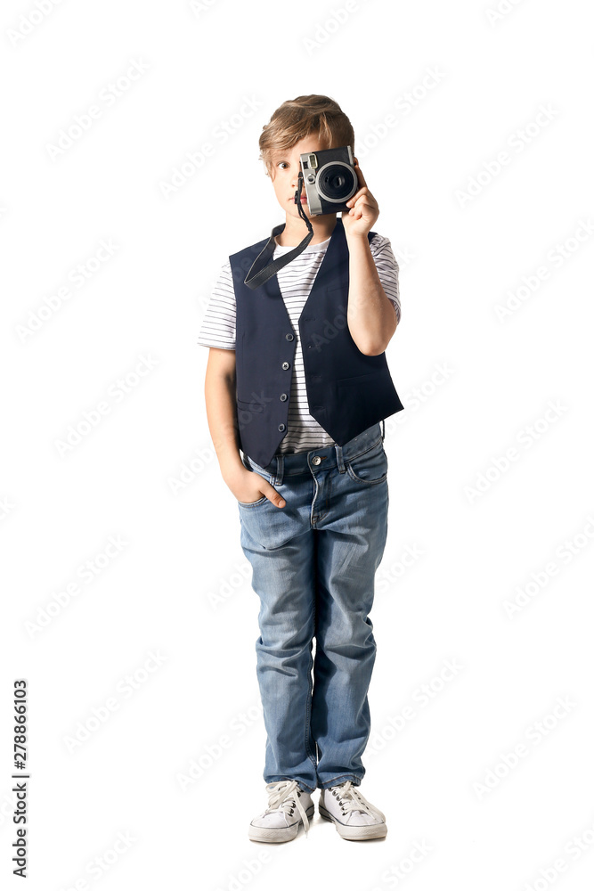 Cute little photographer with professional camera on white background Cute little photographer with professional camera on white background