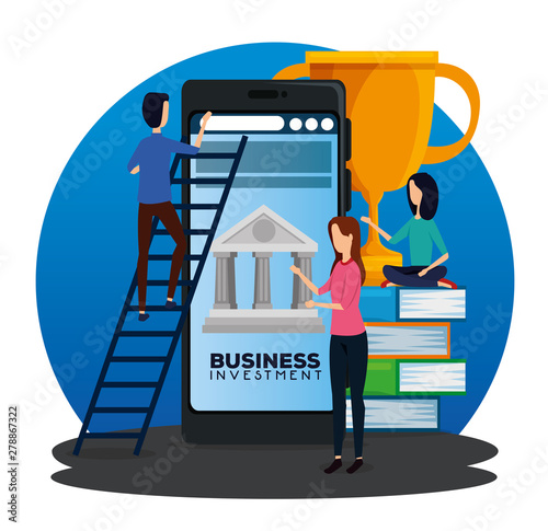 businesswomen and businessman with smarphone and books with prize