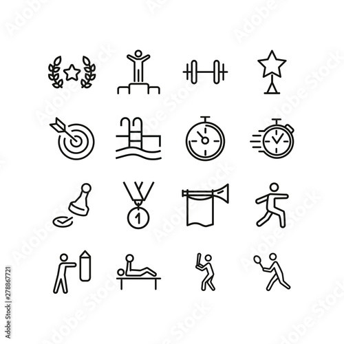 Sportsmanship line icon set. Sportsman, athlete, swimming pool, timer, boxing, baseball. Sport concept. Can be used for topics like competition, championship, contest