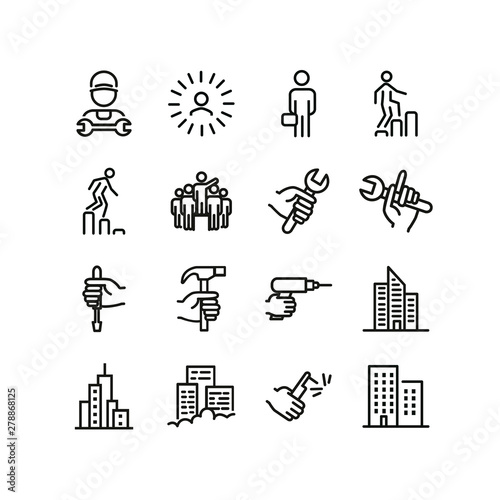 Labor career line icon set. Technician, mechanic, tool, wrench, drill, hammer. Mechanical work concept. Can be used for topics like occupation, blue collar, worker, repair