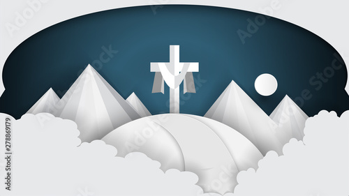 Christian religious design for the celebration of the Savior's Easter cross with the sunrise scene. Is a cut paper art. Vector
