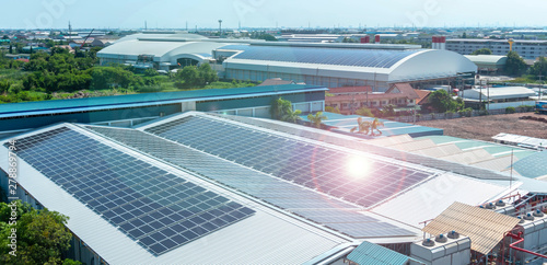  Solar panels or Solar cells on factory rooftop or terrace with sun light, Industry. photo
