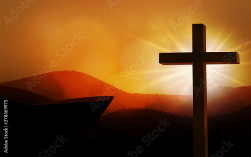 Christian religious design for Easter celebration. Resurrection of Jesus Christ. The dawn of the new morning and the cross is empty. Vector illustration