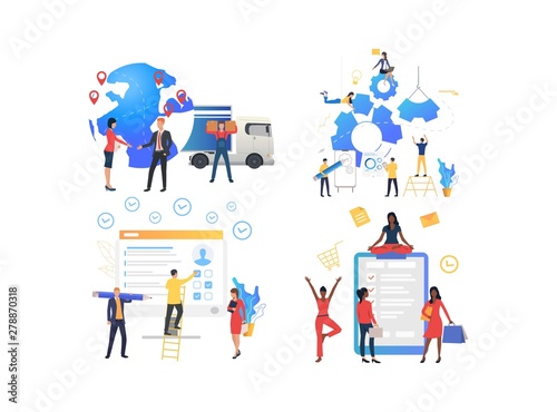 Collection of people elaborating website. Group of young people filling information and developing startup project. Flat colorful vector illustration for career, leaflet, promo