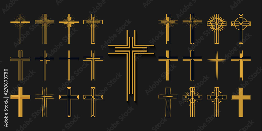Icons set. Cross of christian religion. Jesus Christ and God, faith sign. Church and pray, religion and resurrection. Vector
