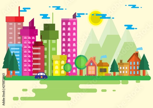 Town and village with blue sky illustration in flat.Modern building and sky with Clouds on Circle background.Home,Mountain,tree, Photo city and Vector illustration concept idea.