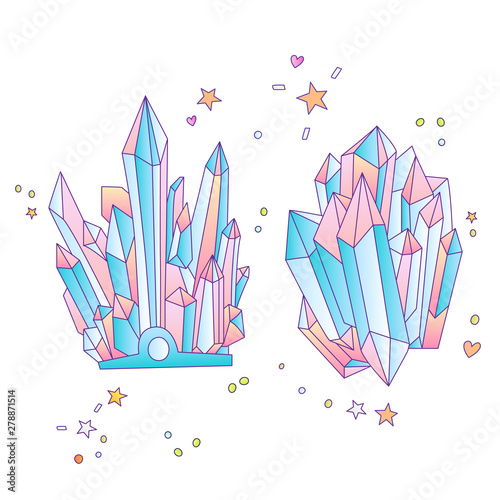 Blue and pink crystal, cartoon cute vector Quartz illustration. Quartz Crystal druse, pink princess grain on white background. Cartoon red semiprecious stones of blue Quartz, cute bright princess