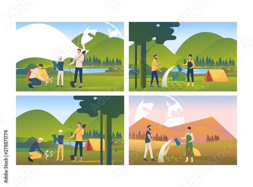 Set of peoplegrowing plants. Group of men and women farming. Cultivation concept. Vector illustration can be used for presentation slide, new project, commercial