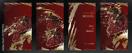 Tropical gold maroon monstera leaf, on dark red background vector. Beautiful botanical design with tropic jungle leaves, exotic plant and golden paint smear Wedding invitation card, holiday sale