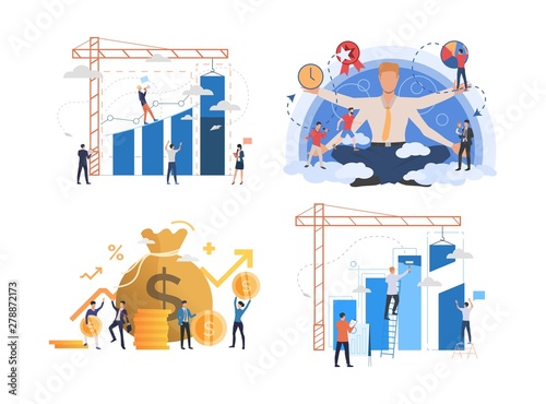 Set of entrepreneurs developing business. Male and female cartoon characters working with financial charts. Vector illustration for presentation, commercial, training