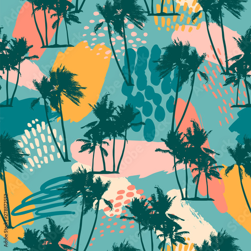 Abstract creative seamless pattern with tropical palms and artistic background.