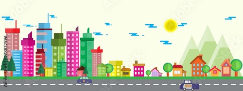 Town and village with blue sky illustration in flat.Modern building and sky with Clouds on Circle background.Home Mountain tree  Photo city and Vector illustration concept idea.