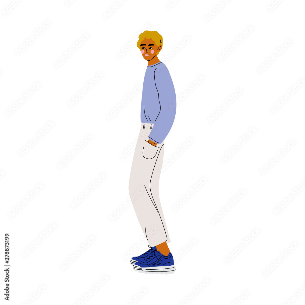 Obraz premium Young Blond Handsome Man in Casual Clothes Standing with Hands in His Pockets Vector Illustratio