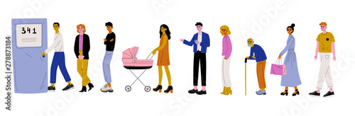Men and Women Dressed in Casual Clothes Standing in Line or Queue near Door Vector Illustration